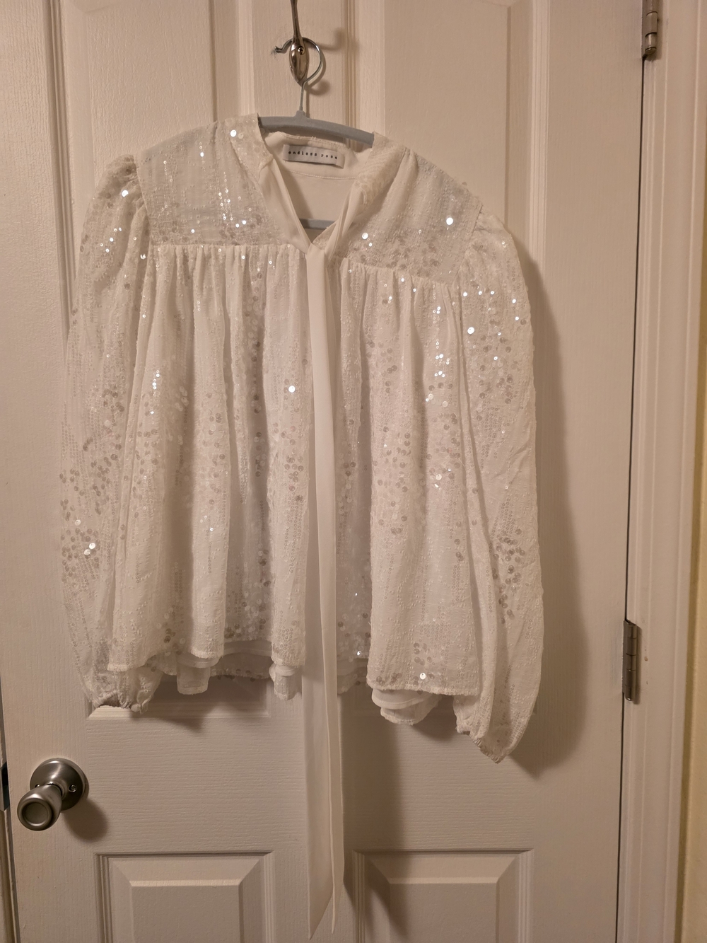 NWOT Revolve Endless Rose White Sequin Tie Neck Blouse Balloon Sleeve